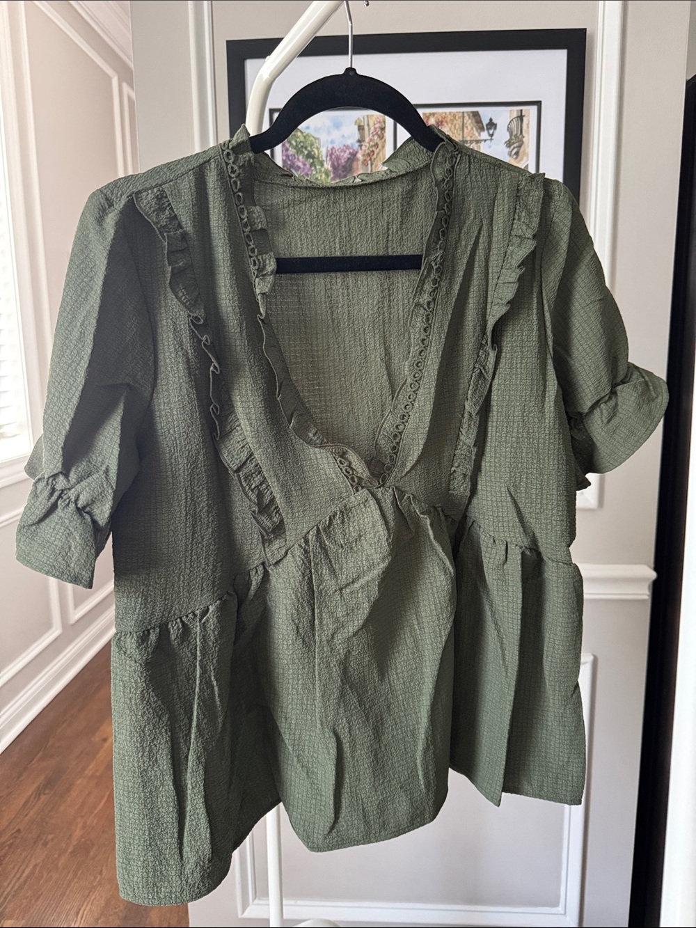 Women's Olive Ruffle V-Neck Peasant Blouse